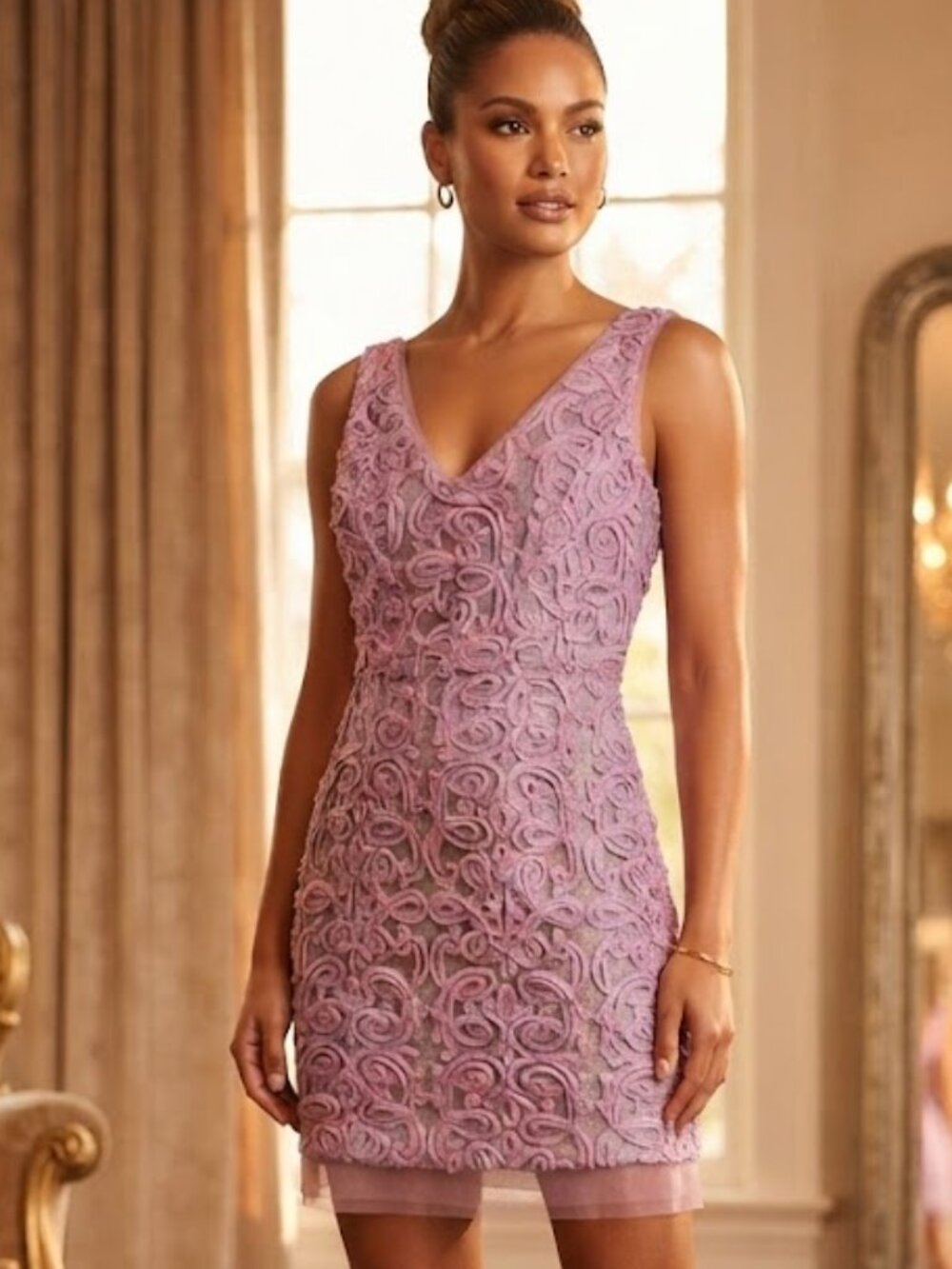 BCBGMaxAzria Lavender Rosette-Textured V-Neck Mini Dress Size 4